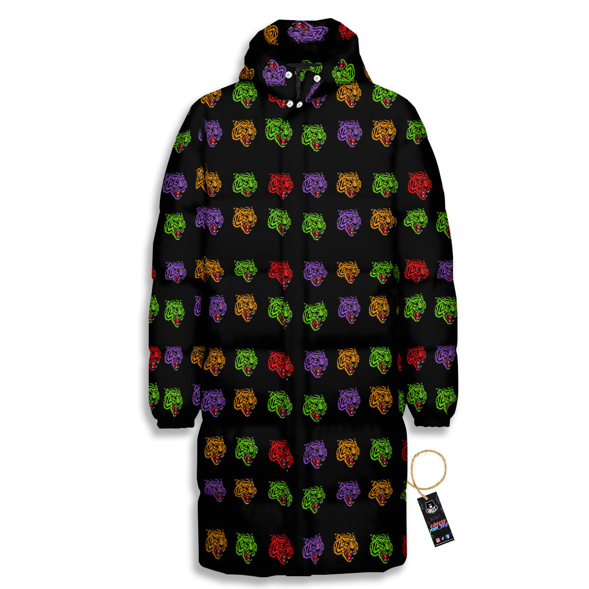 Tiger Head Colorful Print Pattern Long Down Jacket-grizzshop