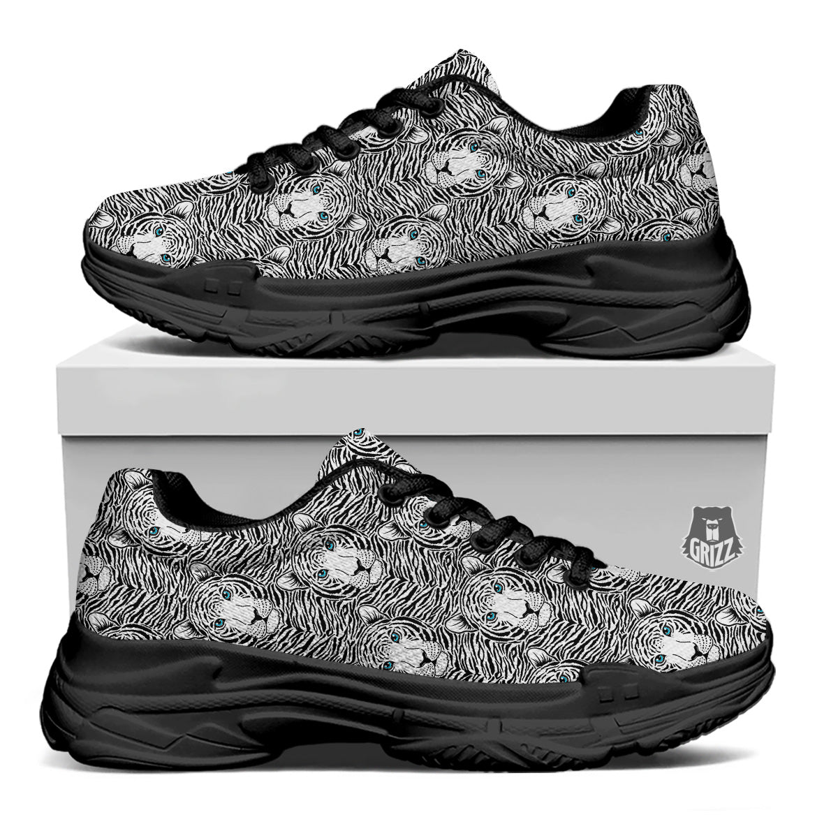 Tiger Head Striped Print Pattern Black Chunky Shoes-grizzshop