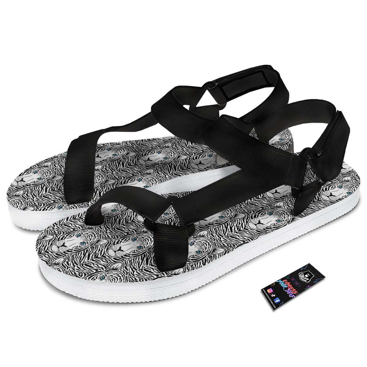 Tiger Head Striped Print Pattern Black Open Toe Sandals-grizzshop