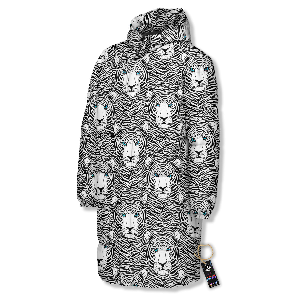 Tiger Head Striped Print Pattern Long Down Jacket-grizzshop
