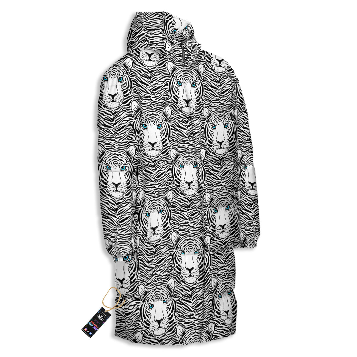 Tiger Head Striped Print Pattern Long Down Jacket-grizzshop