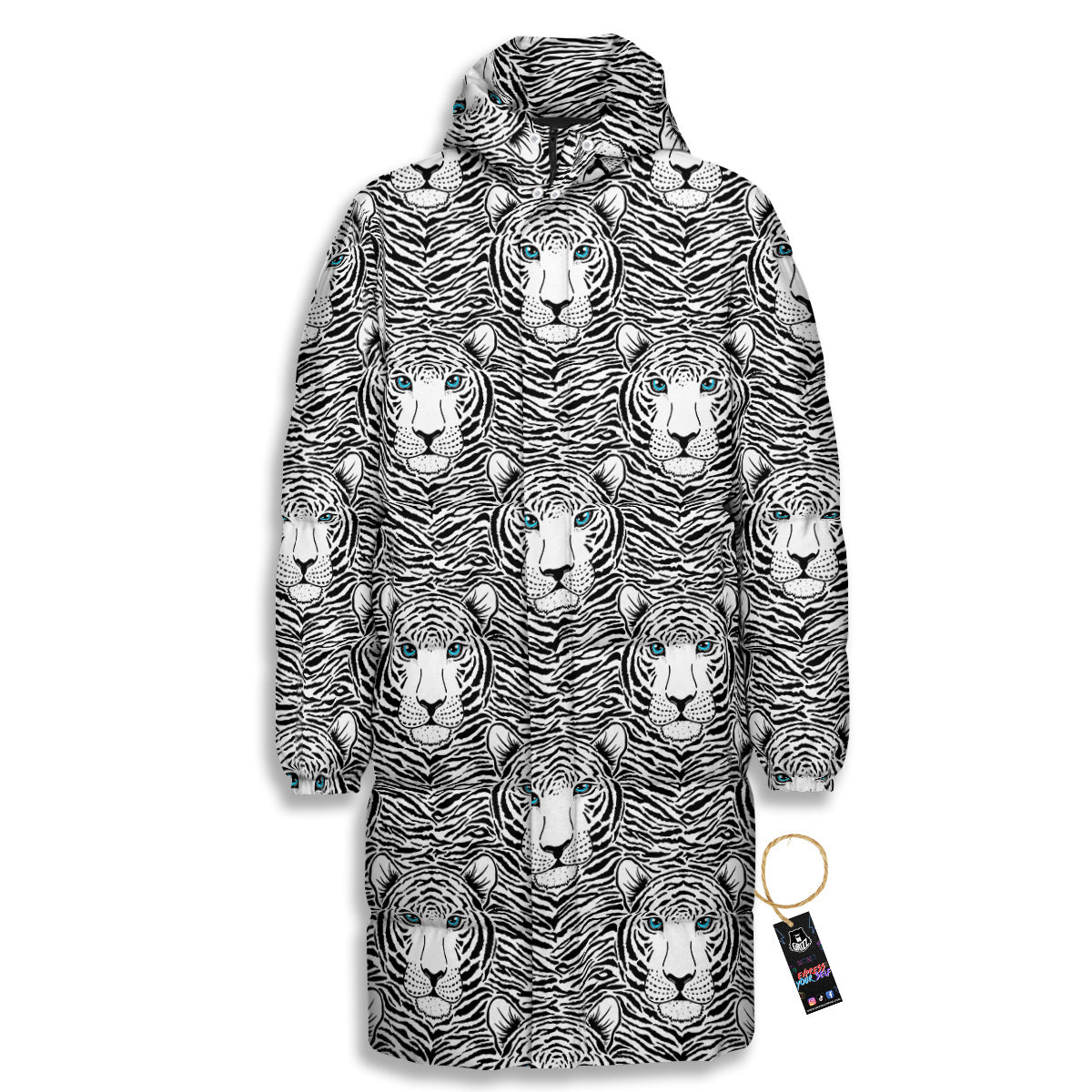 Tiger Head Striped Print Pattern Long Down Jacket-grizzshop
