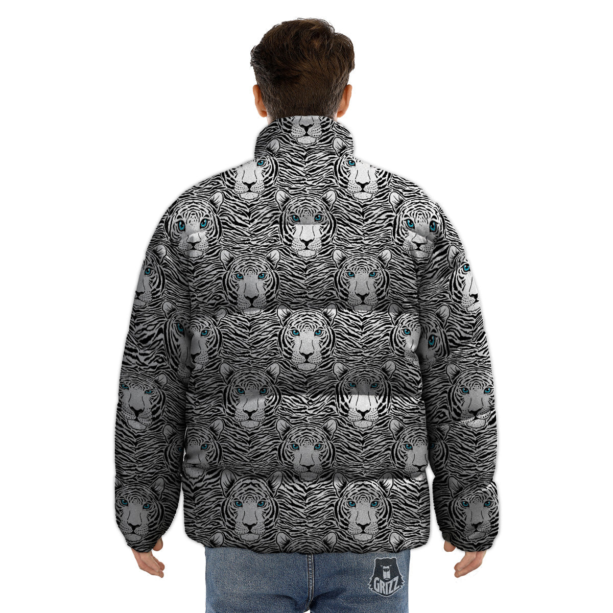 Tiger Head Striped Print Pattern Puffer Jacket-grizzshop