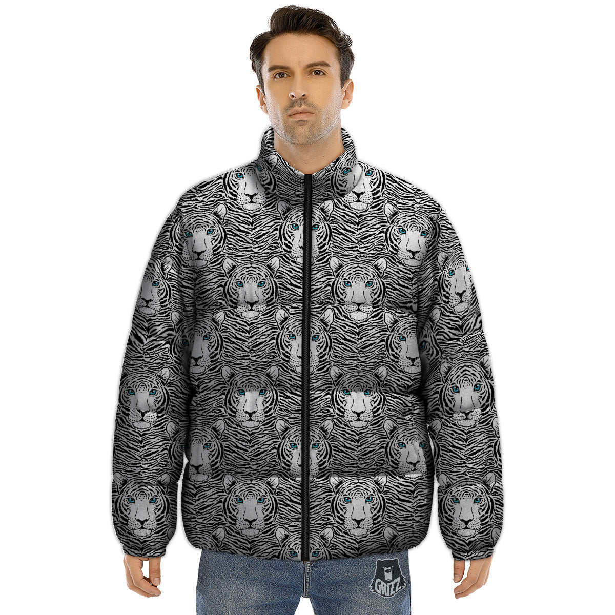 Tiger Head Striped Print Pattern Puffer Jacket-grizzshop