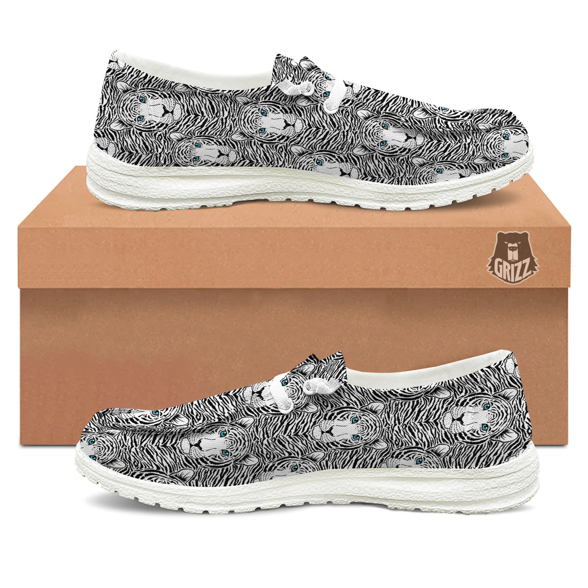 Tiger Head Striped Print Pattern White Loafers-grizzshop