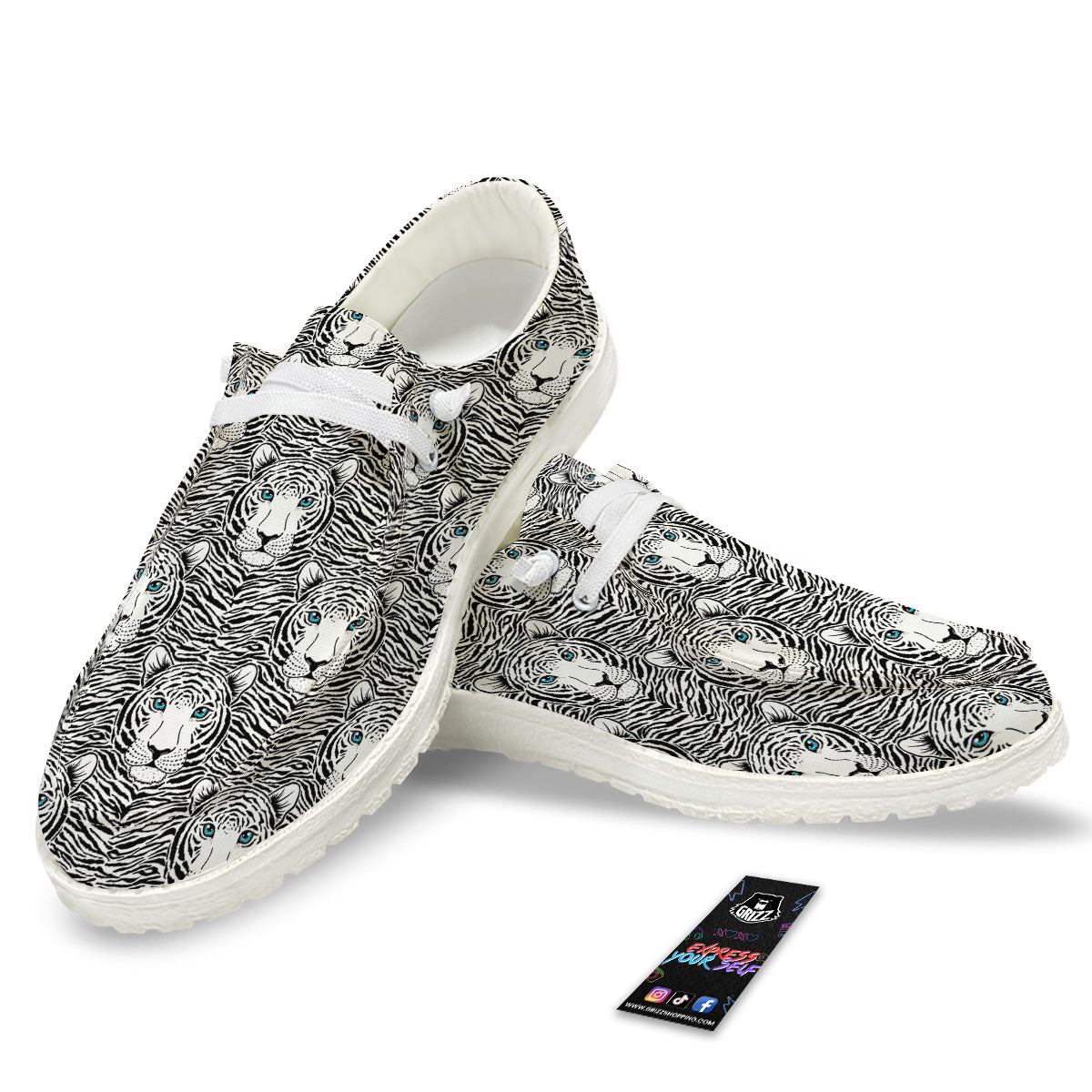 Tiger Head Striped Print Pattern White Loafers-grizzshop