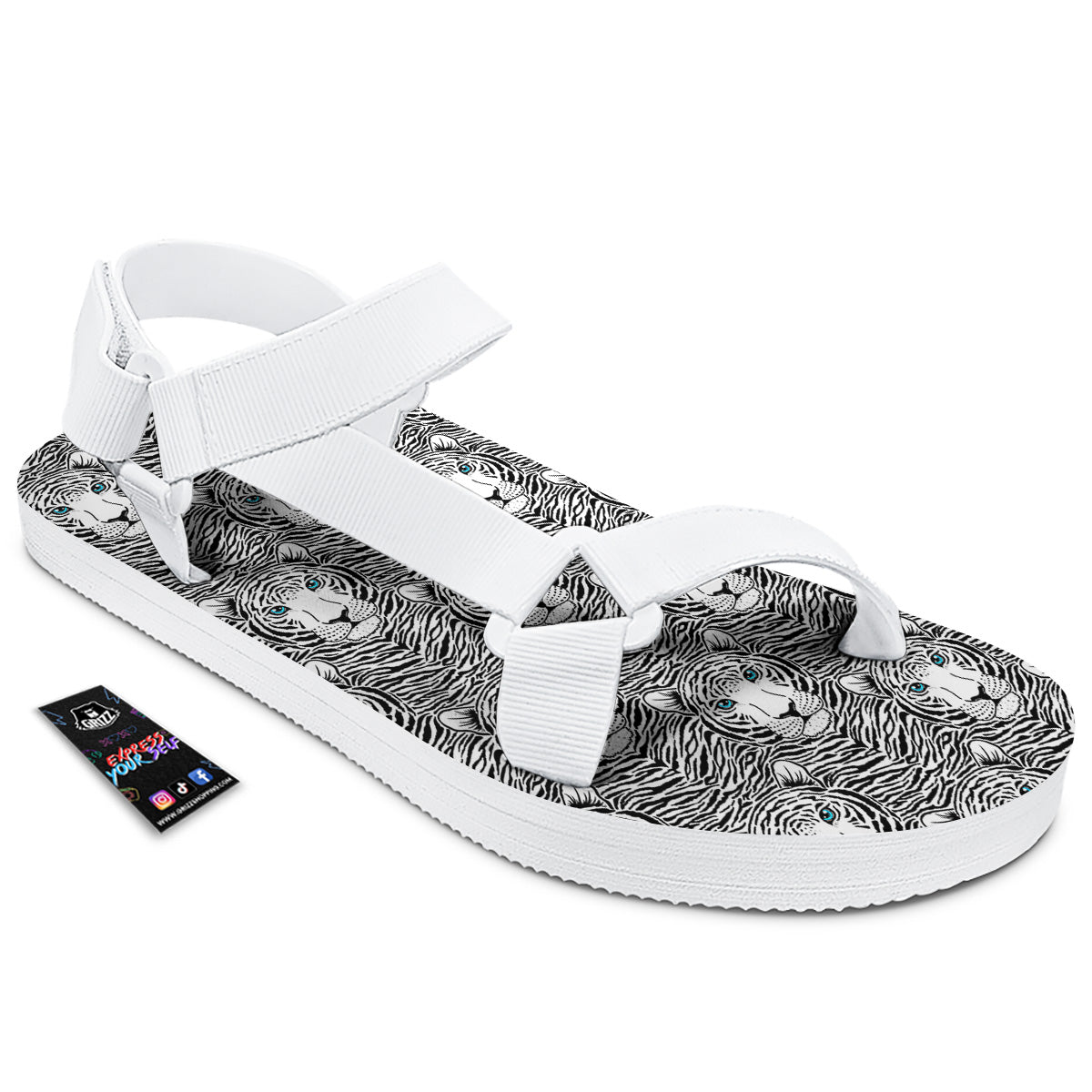 Tiger Head Striped Print Pattern White Open Toe Sandals-grizzshop