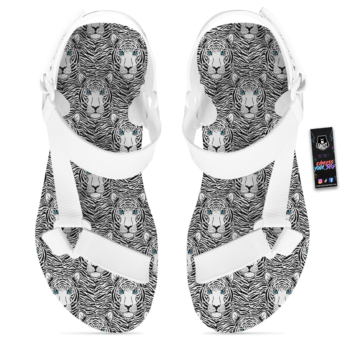 Tiger Head Striped Print Pattern White Open Toe Sandals-grizzshop