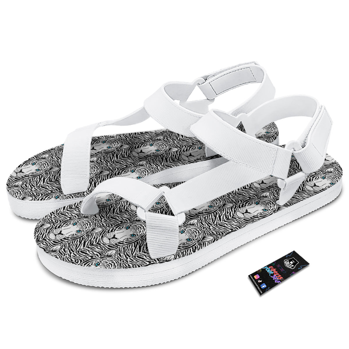 Tiger Head Striped Print Pattern White Open Toe Sandals-grizzshop