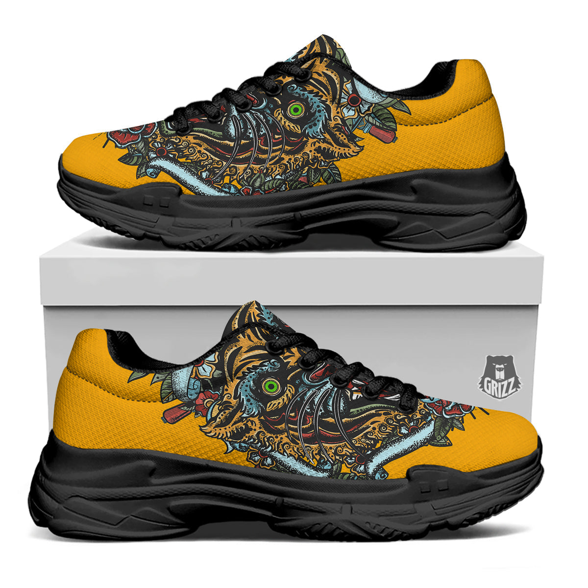 Tiger Head Tattoo Print Black Chunky Shoes-grizzshop