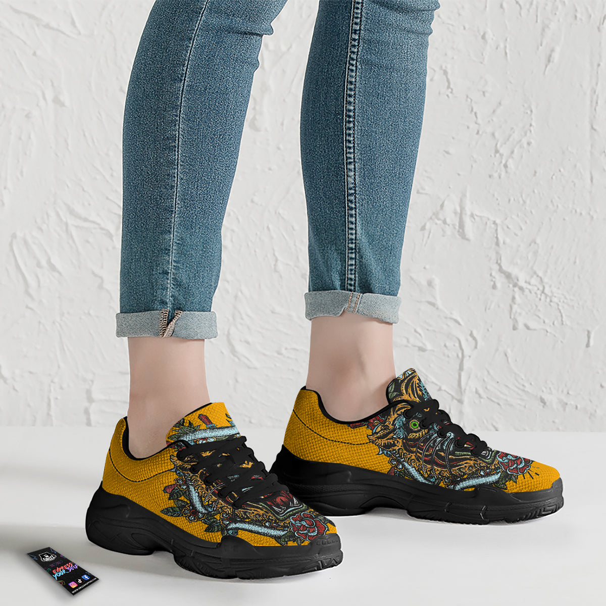 Tiger Head Tattoo Print Black Chunky Shoes-grizzshop
