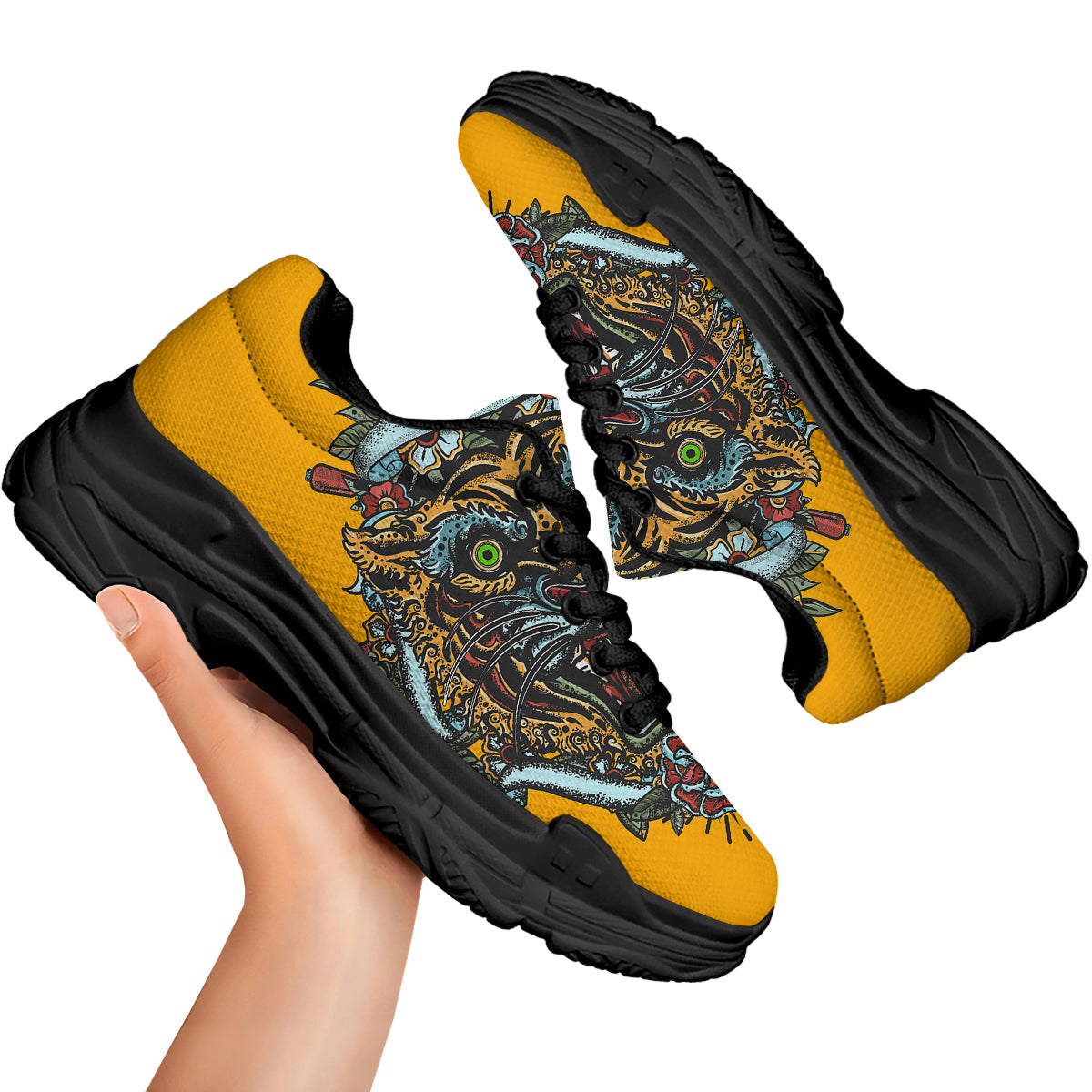 Tiger Head Tattoo Print Black Chunky Shoes-grizzshop