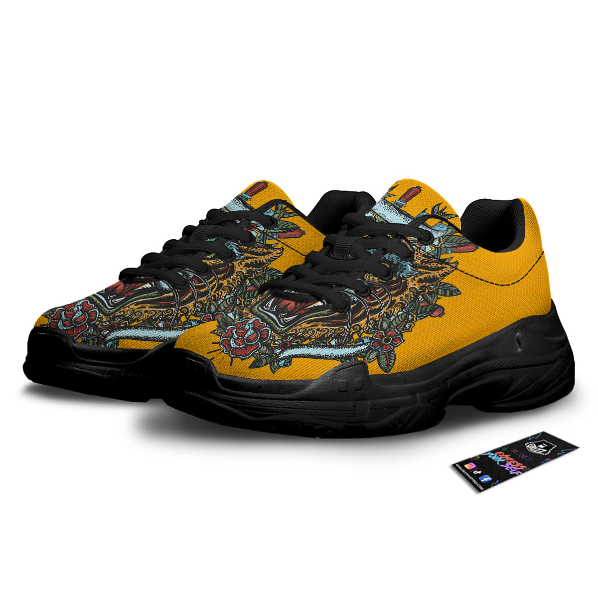 Tiger Head Tattoo Print Black Chunky Shoes-grizzshop