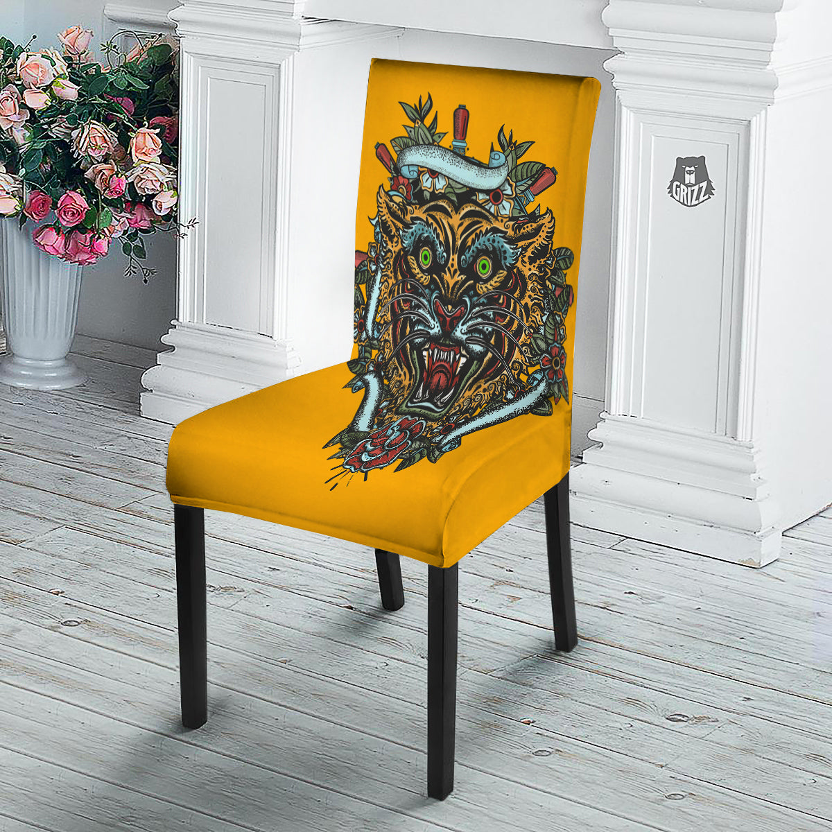 Tiger Head Tattoo Print Dining Chair Slipcover-grizzshop