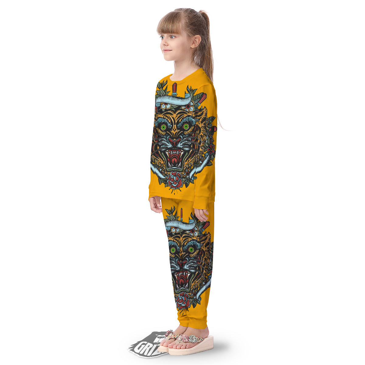 Tiger Head Tattoo Print Kid's Pajamas-grizzshop