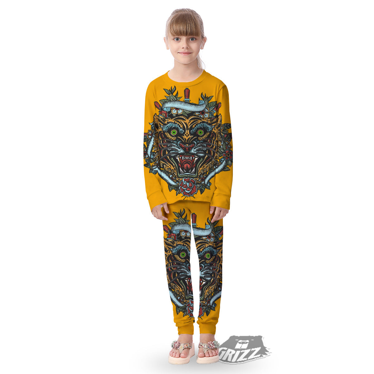 Tiger Head Tattoo Print Kid's Pajamas-grizzshop