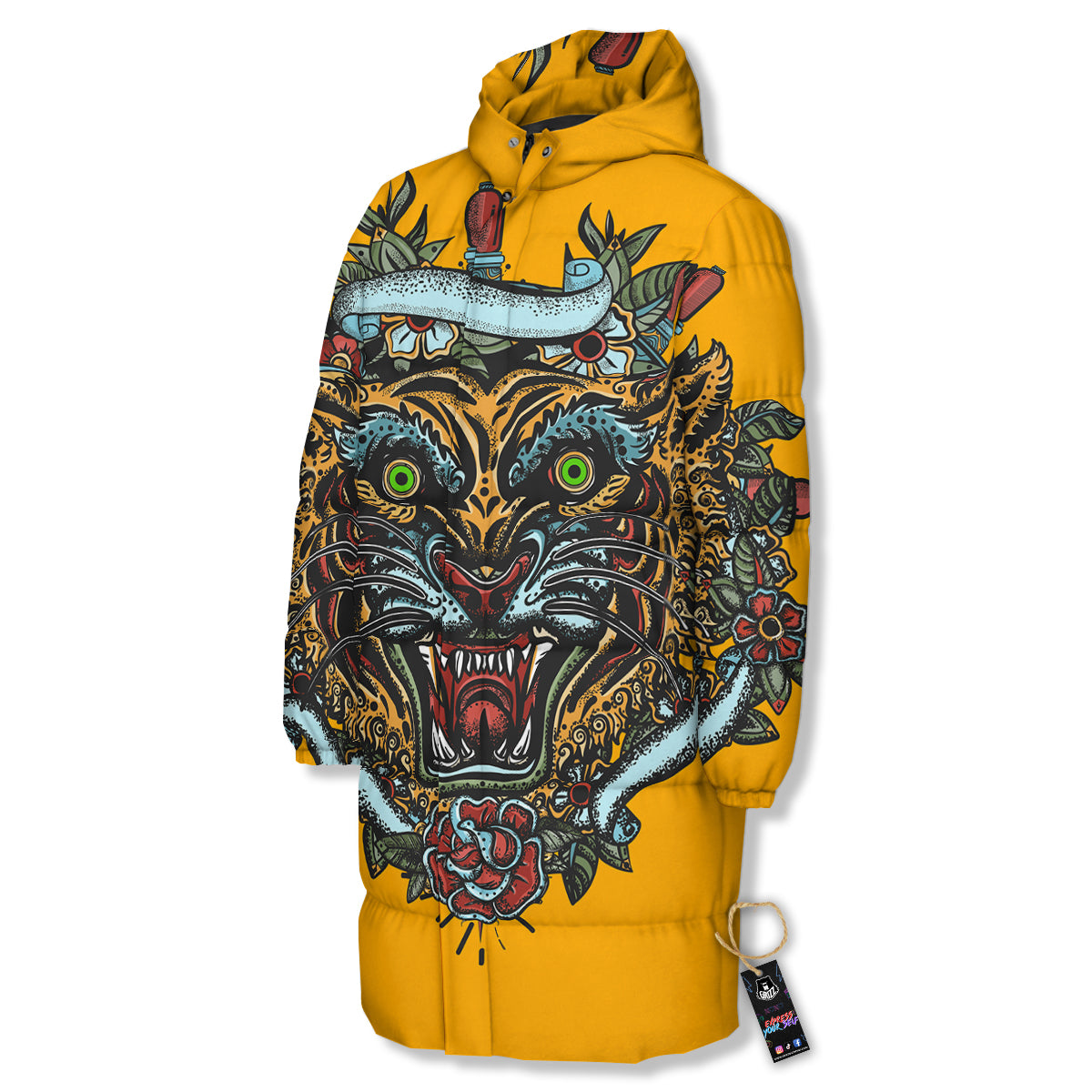 Tiger Head Tattoo Print Long Down Jacket-grizzshop