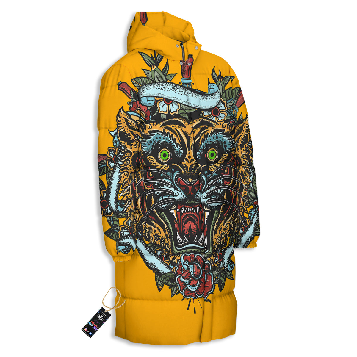 Tiger Head Tattoo Print Long Down Jacket-grizzshop