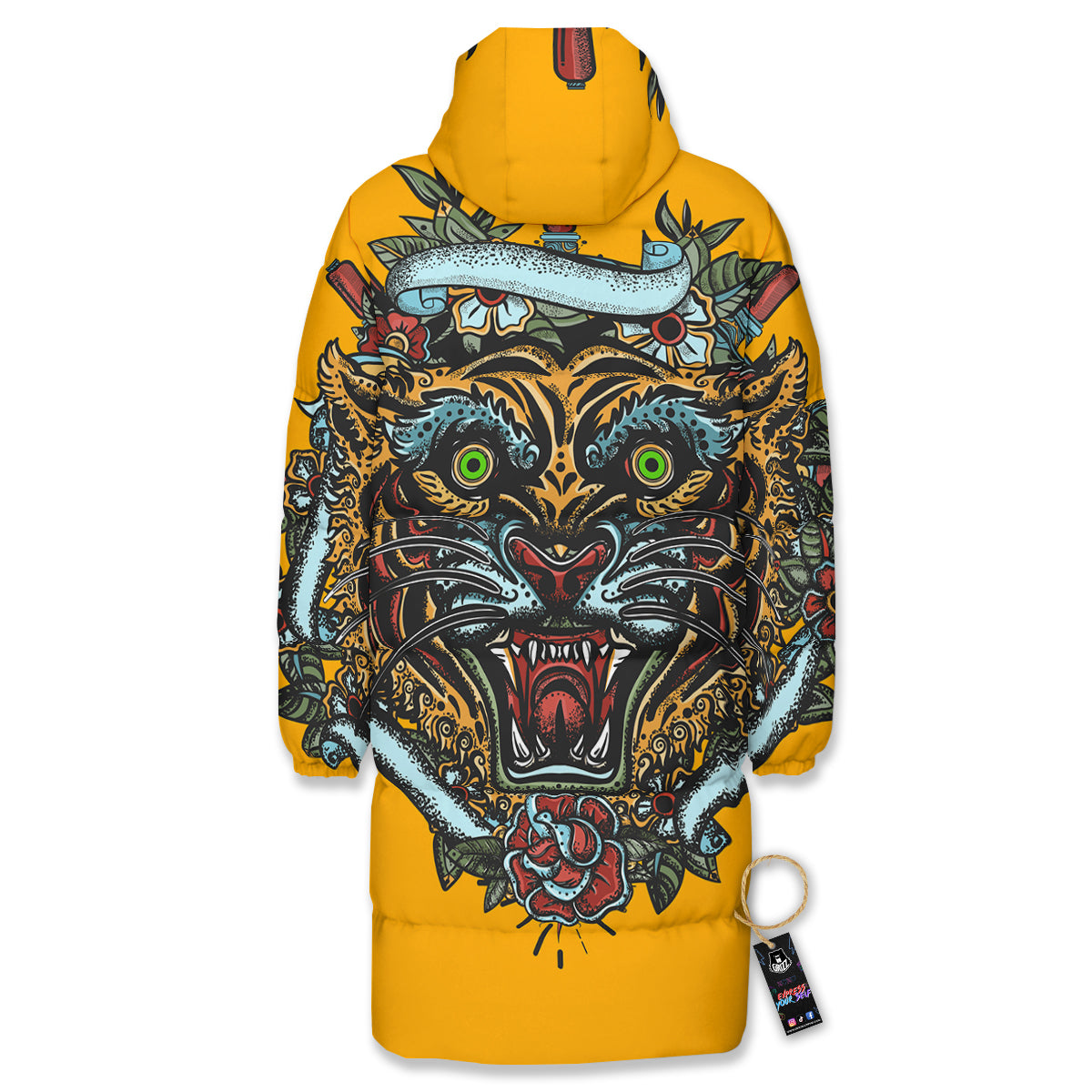 Tiger Head Tattoo Print Long Down Jacket-grizzshop