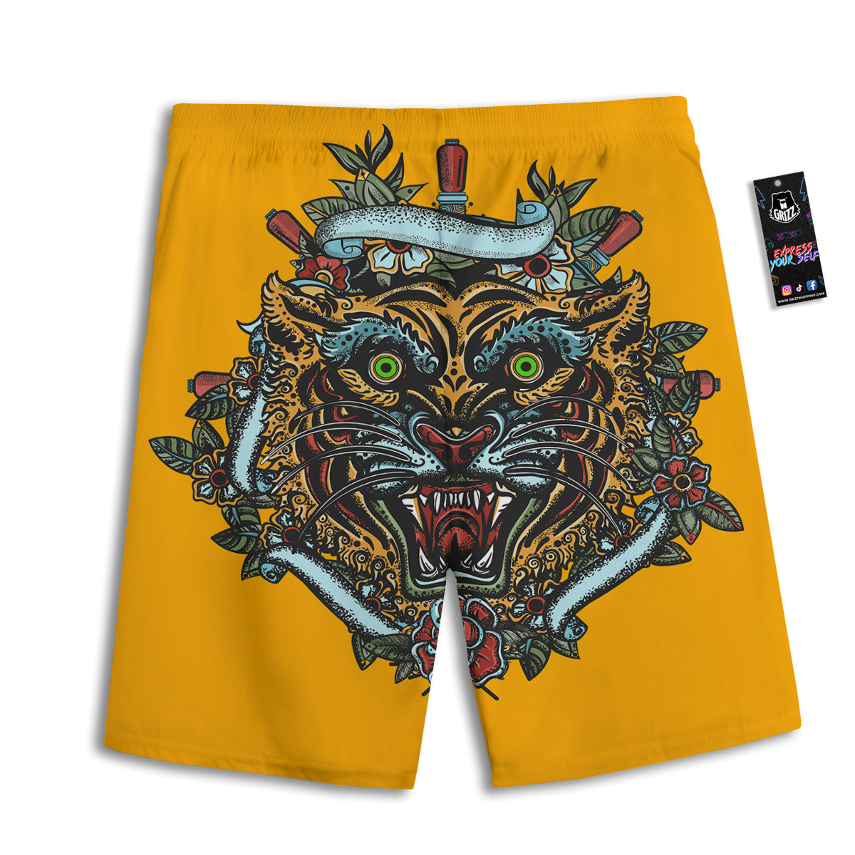 Tiger Head Tattoo Print Men's Athletic Shorts