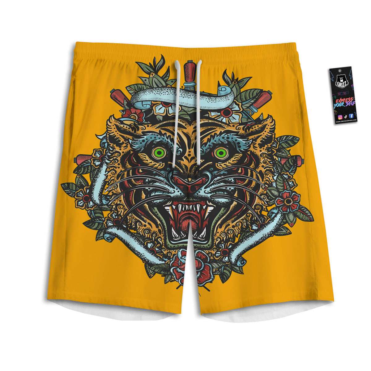 Tiger Head Tattoo Print Men's Athletic Shorts