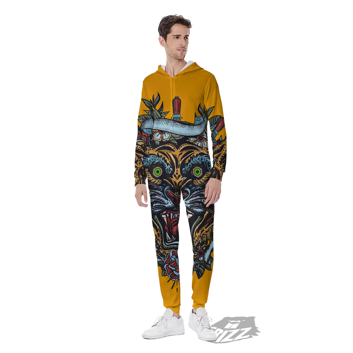 Tiger Head Tattoo Print Men's Jumpsuit-grizzshop