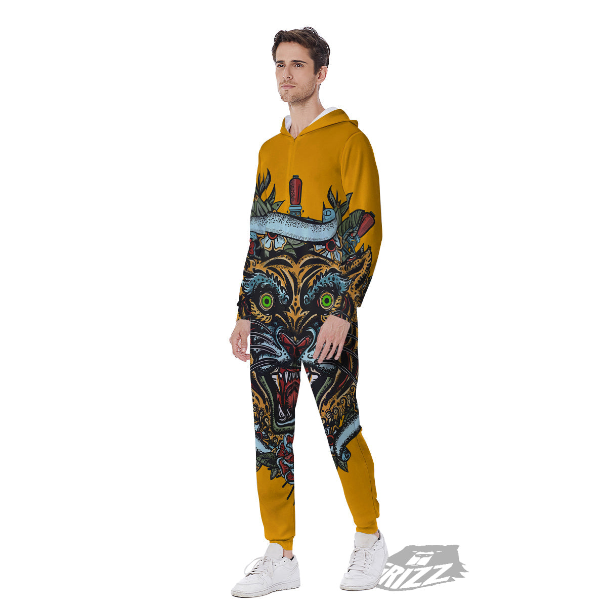 Tiger Head Tattoo Print Men's Jumpsuit-grizzshop