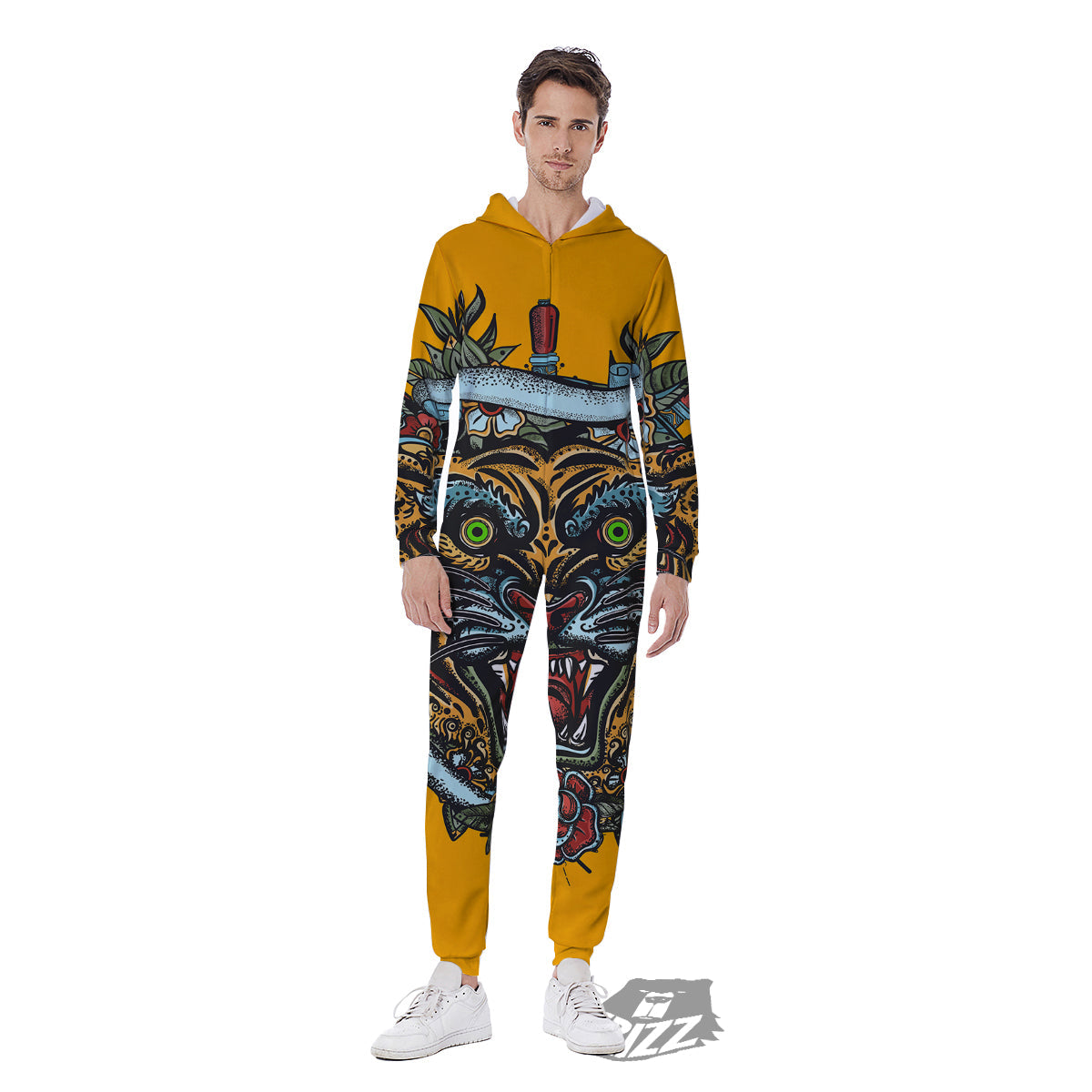 Tiger Head Tattoo Print Men's Jumpsuit-grizzshop