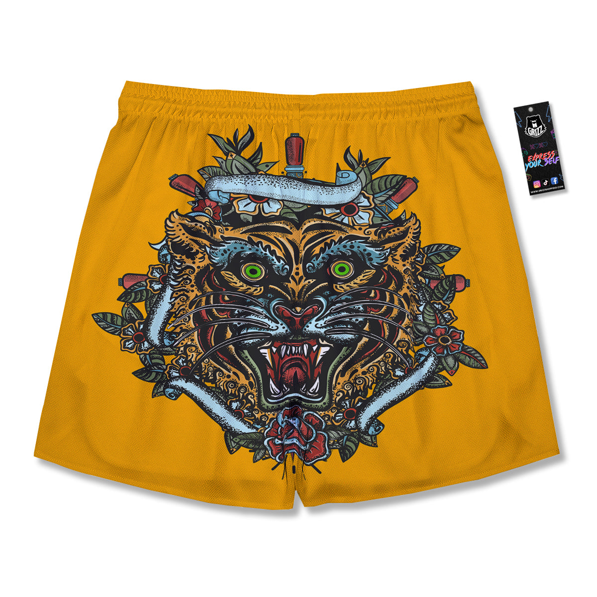 Tiger Head Tattoo Print Men's Running Shorts-grizzshop