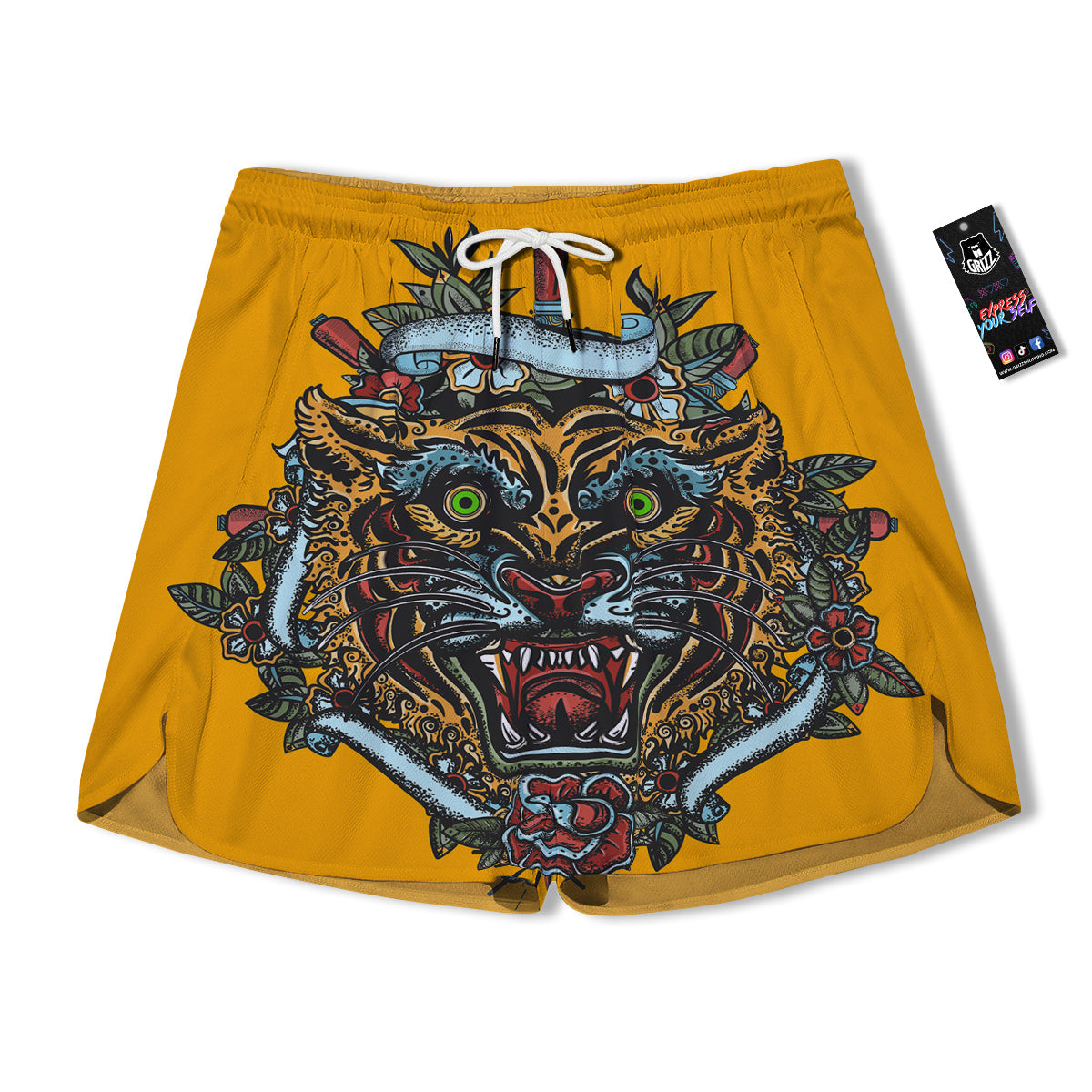 Tiger Head Tattoo Print Men's Running Shorts-grizzshop
