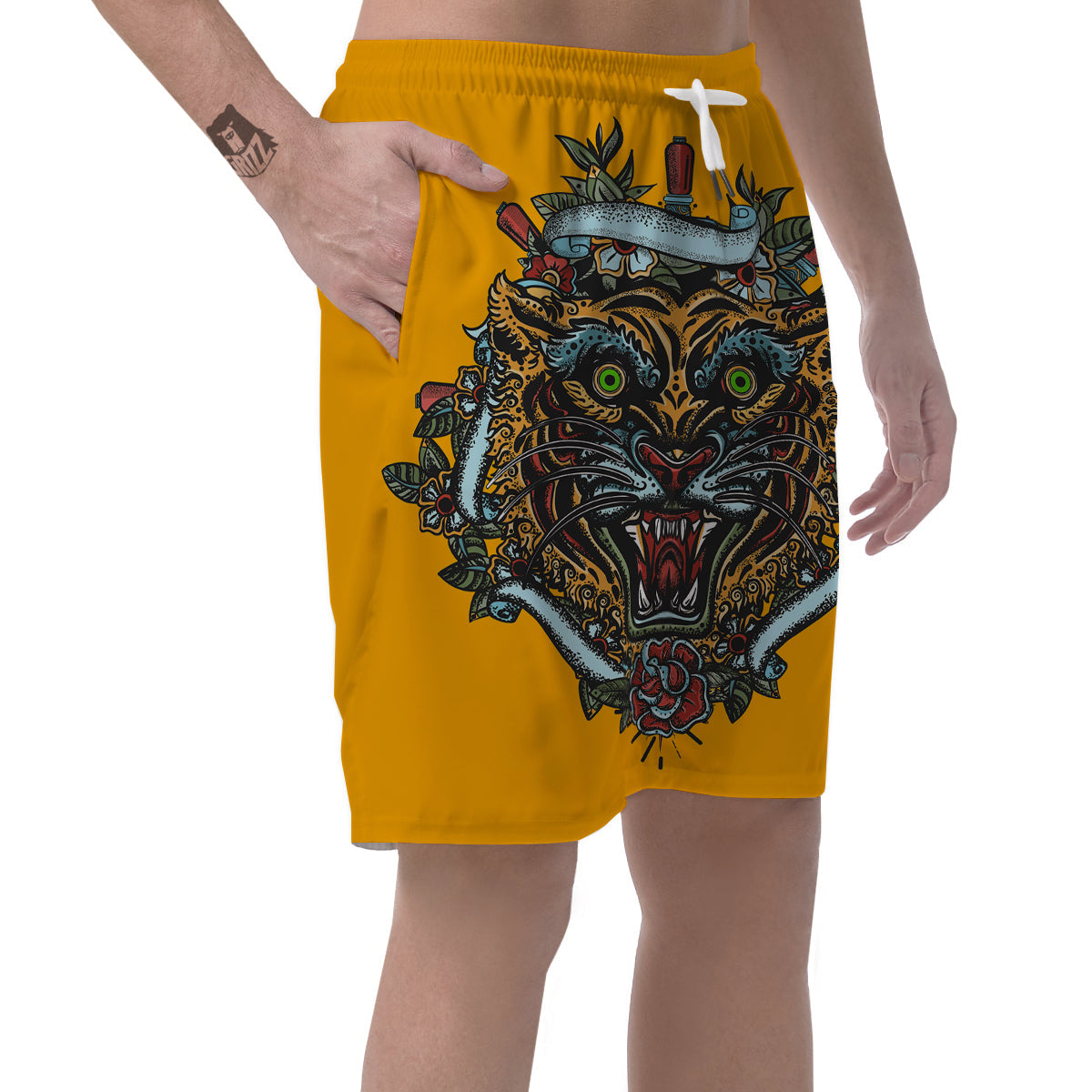 Tiger Head Tattoo Print Men's Shorts-grizzshop