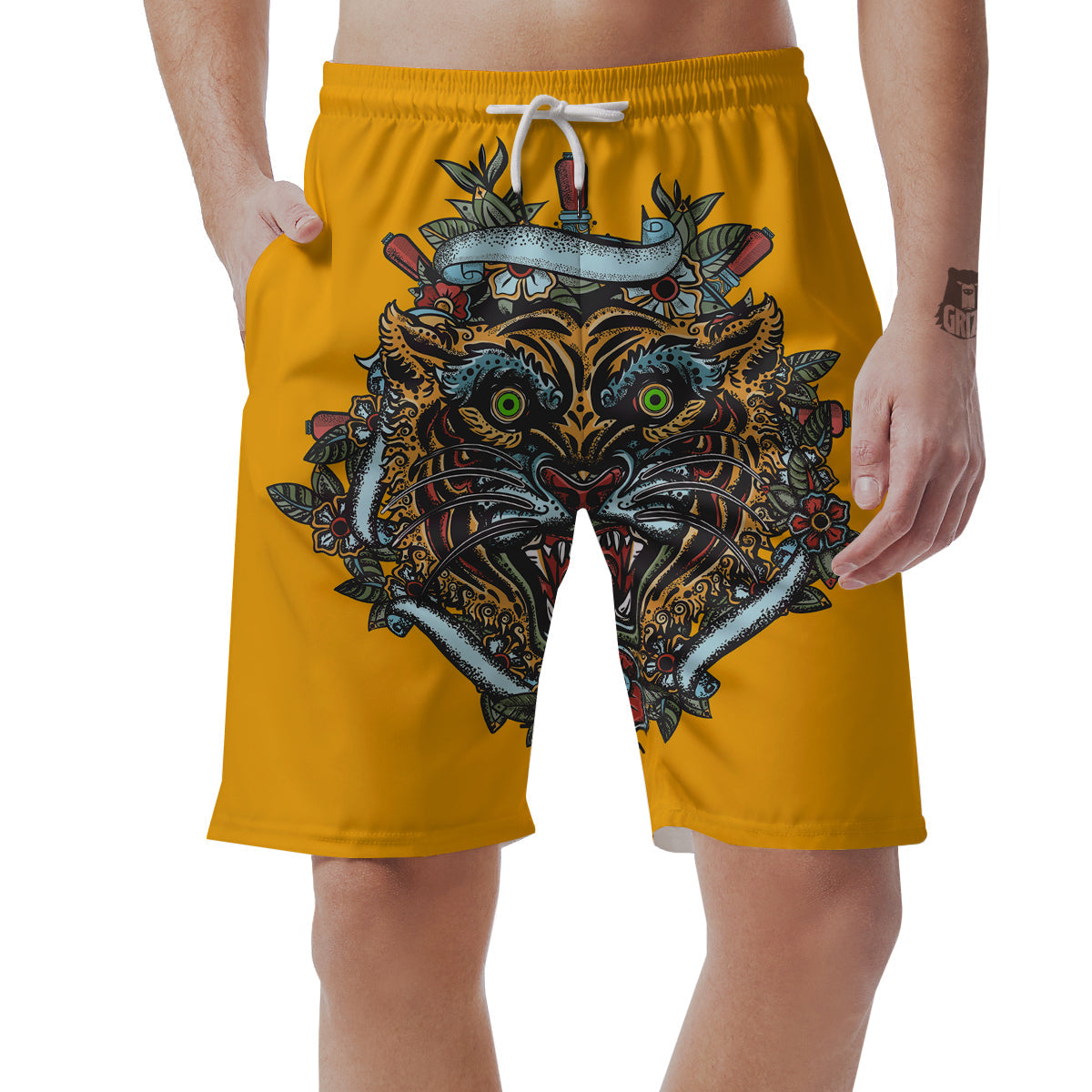 Tiger Head Tattoo Print Men's Shorts-grizzshop