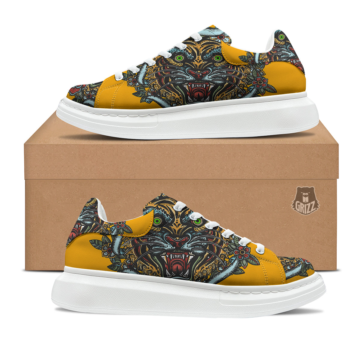 Tiger Head Tattoo Print Platform Shoes-grizzshop
