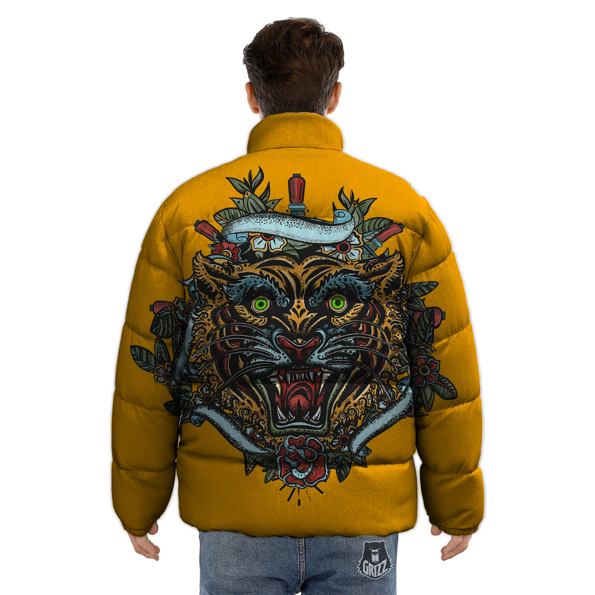 Tiger Head Tattoo Print Puffer Jacket-grizzshop