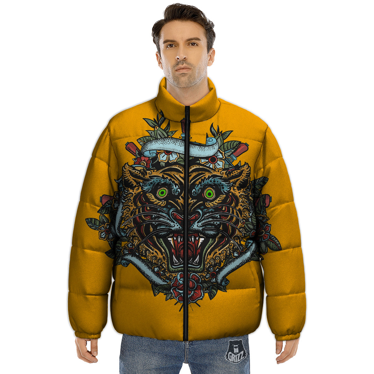Tiger Head Tattoo Print Puffer Jacket-grizzshop