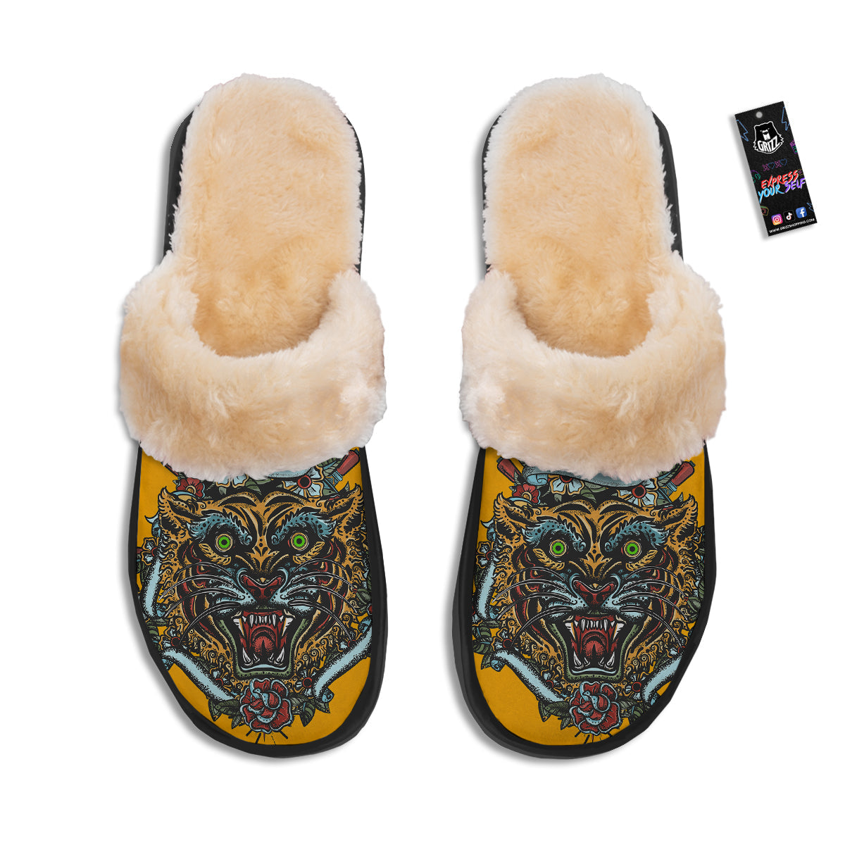 Tiger Head Tattoo Print Slippers-grizzshop
