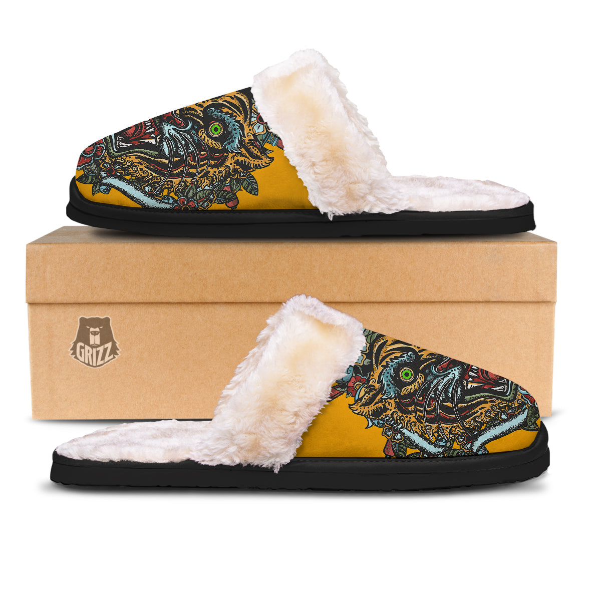 Tiger Head Tattoo Print Slippers-grizzshop