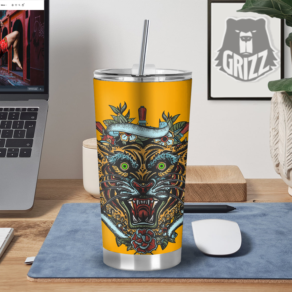 Tiger Head Tattoo Print Tumbler-grizzshop