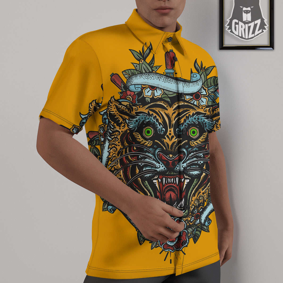 Tiger Head Tattoo Print Untucked Shirts-grizzshop