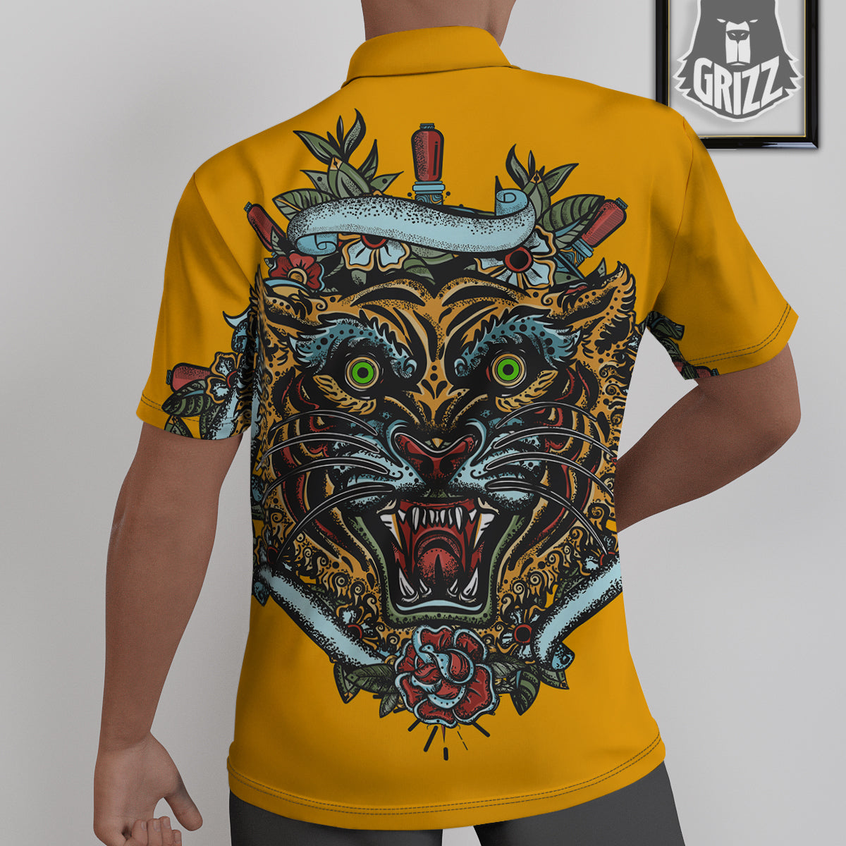 Tiger Head Tattoo Print Untucked Shirts-grizzshop