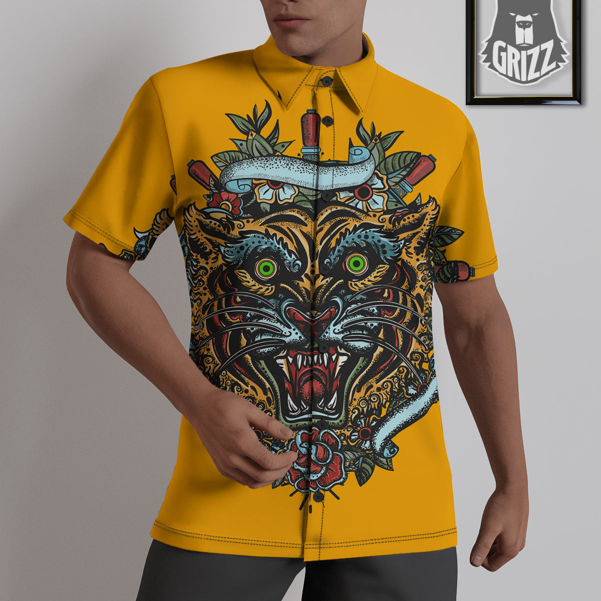 Tiger Head Tattoo Print Untucked Shirts-grizzshop