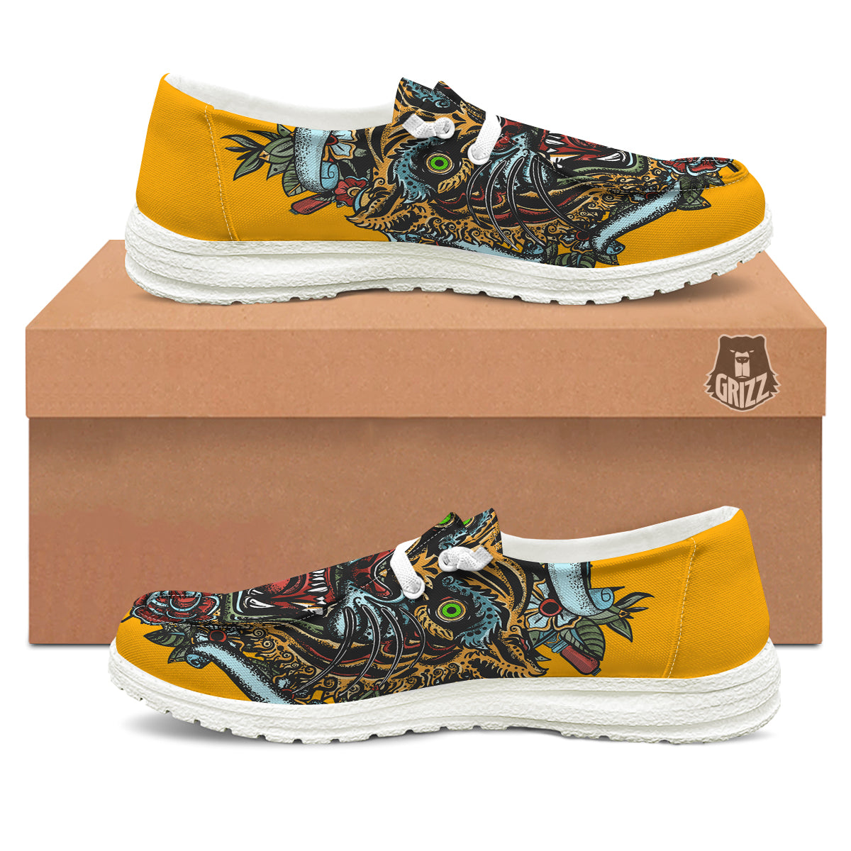 Tiger Head Tattoo Print White Loafers-grizzshop