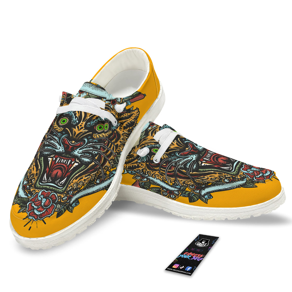 Tiger Head Tattoo Print White Loafers-grizzshop