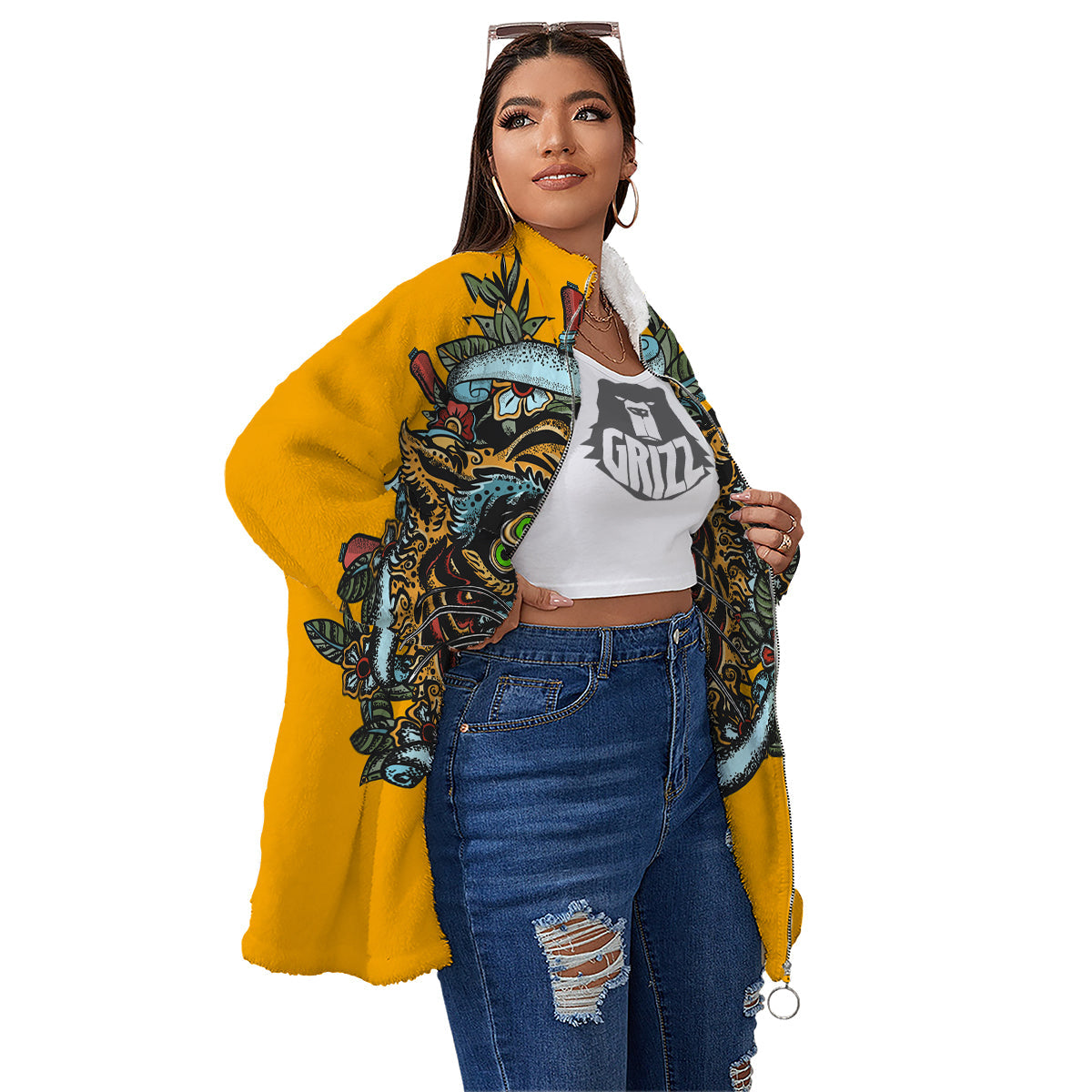 Tiger Head Tattoo Print Women's Sherpa Jacket-grizzshop