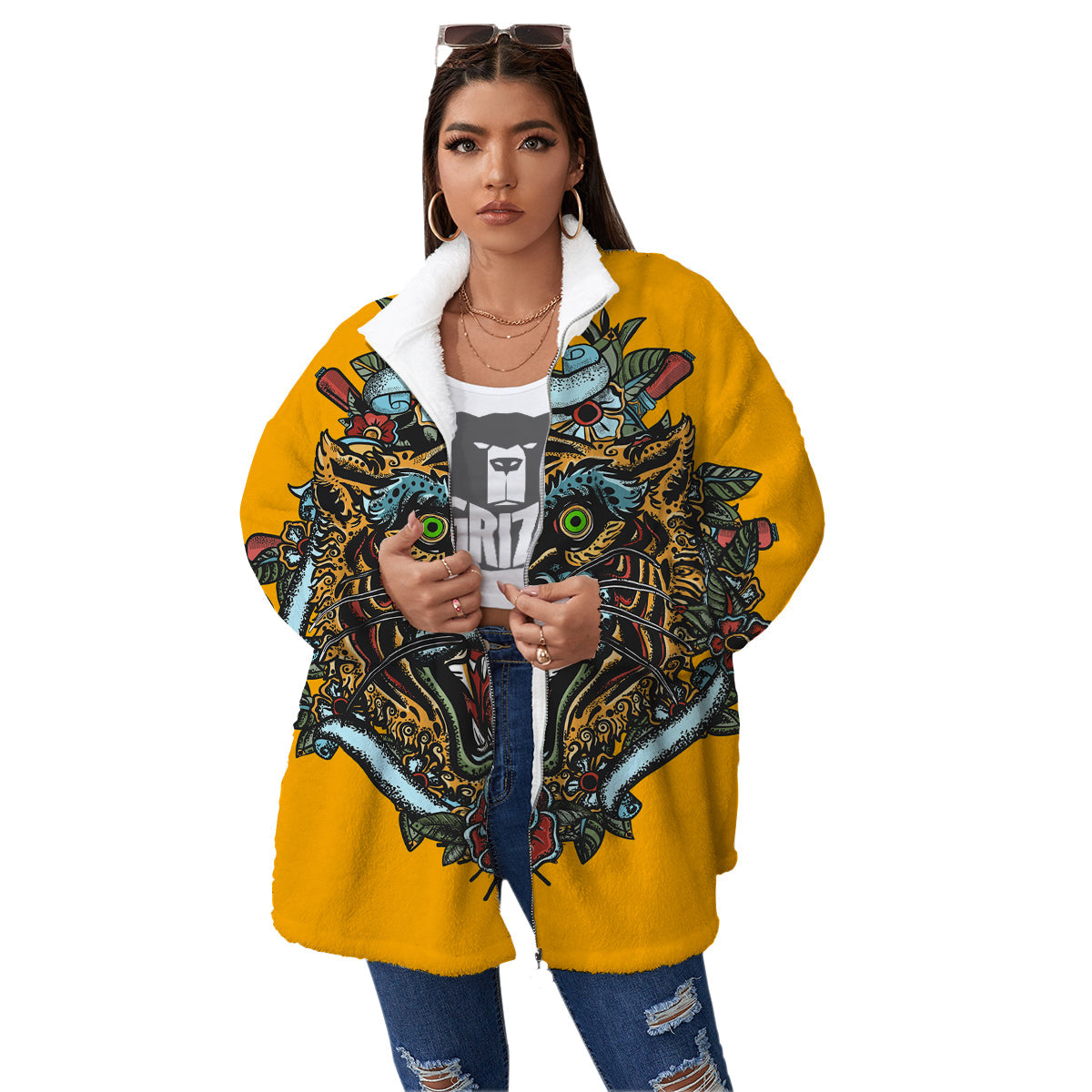 Tiger Head Tattoo Print Women's Sherpa Jacket-grizzshop