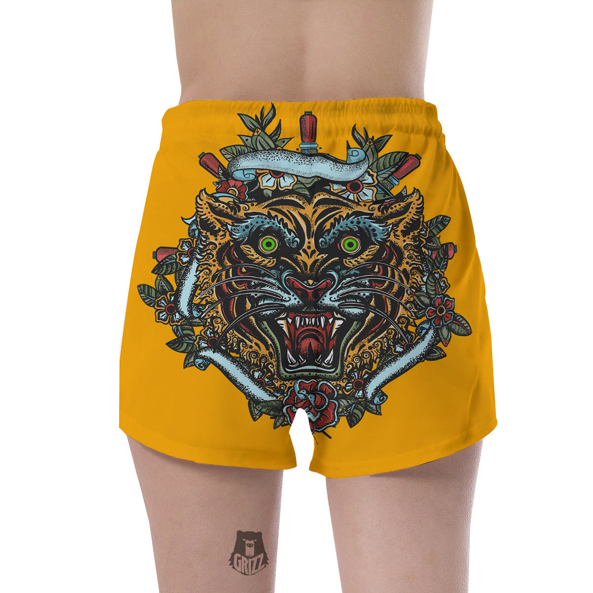 Tiger Head Tattoo Print Women's Shorts-grizzshop