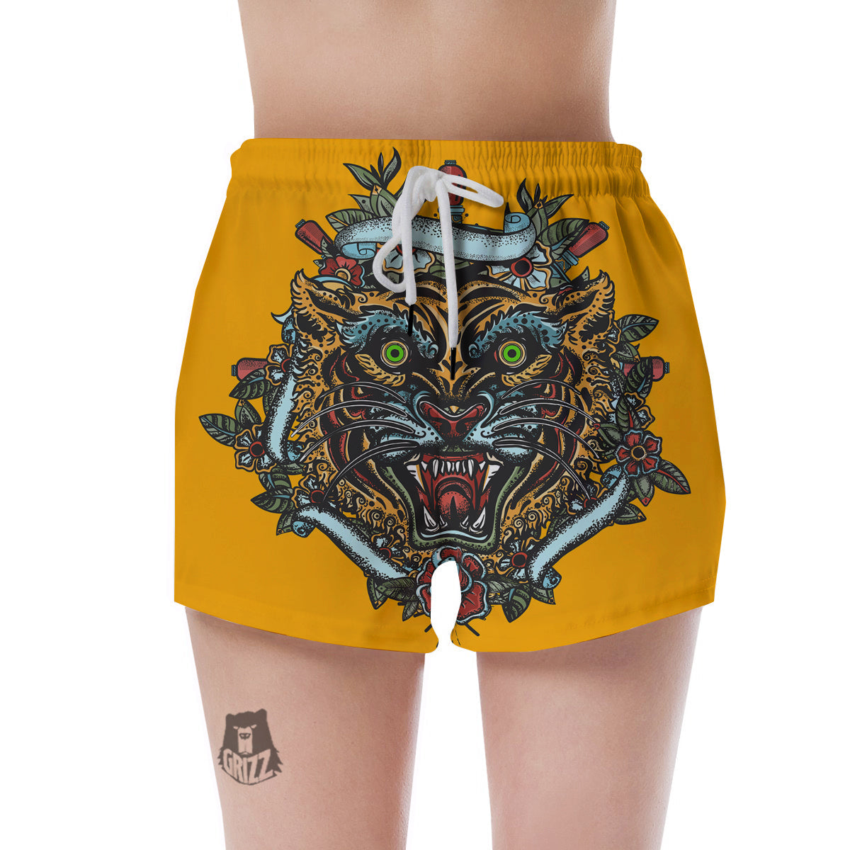 Tiger Head Tattoo Print Women's Shorts-grizzshop