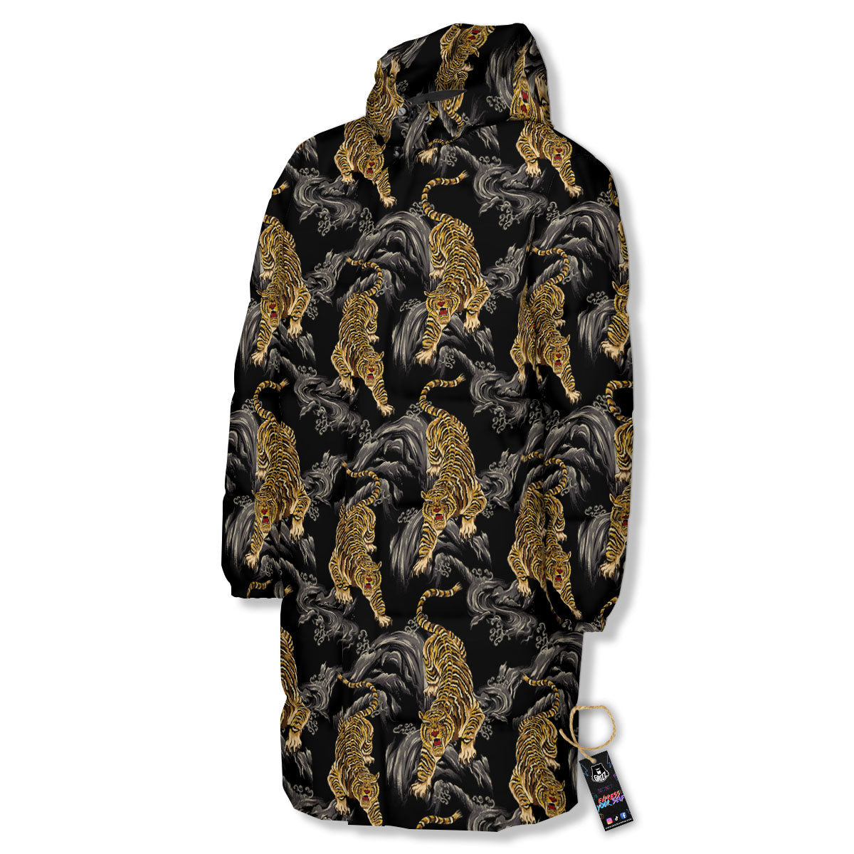 Tiger Japanese Print Pattern Long Down Jacket-grizzshop