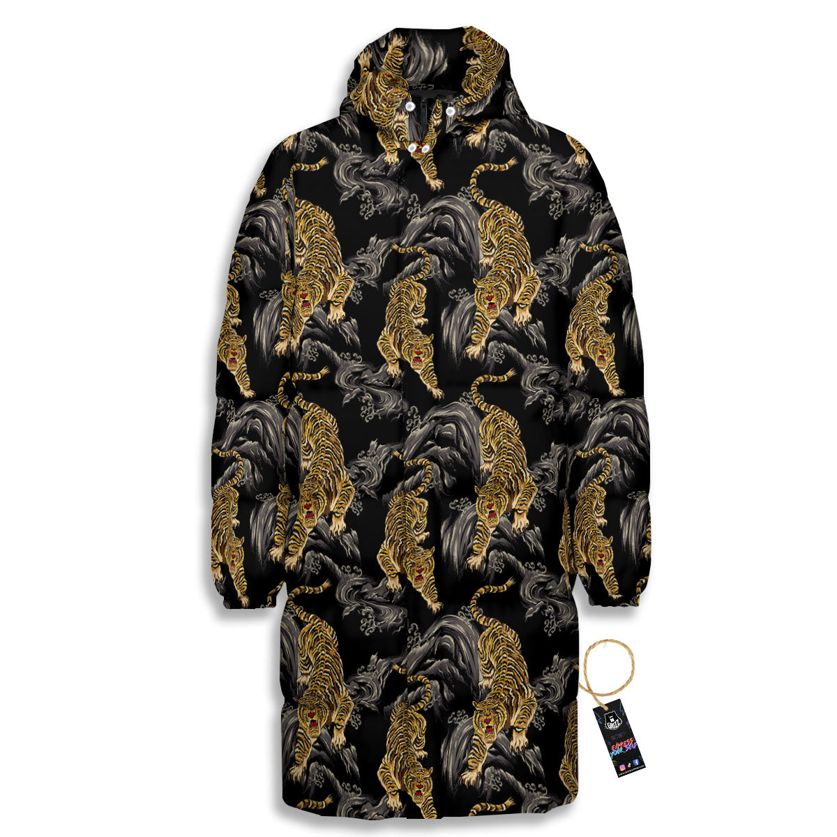 Tiger Japanese Print Pattern Long Down Jacket-grizzshop