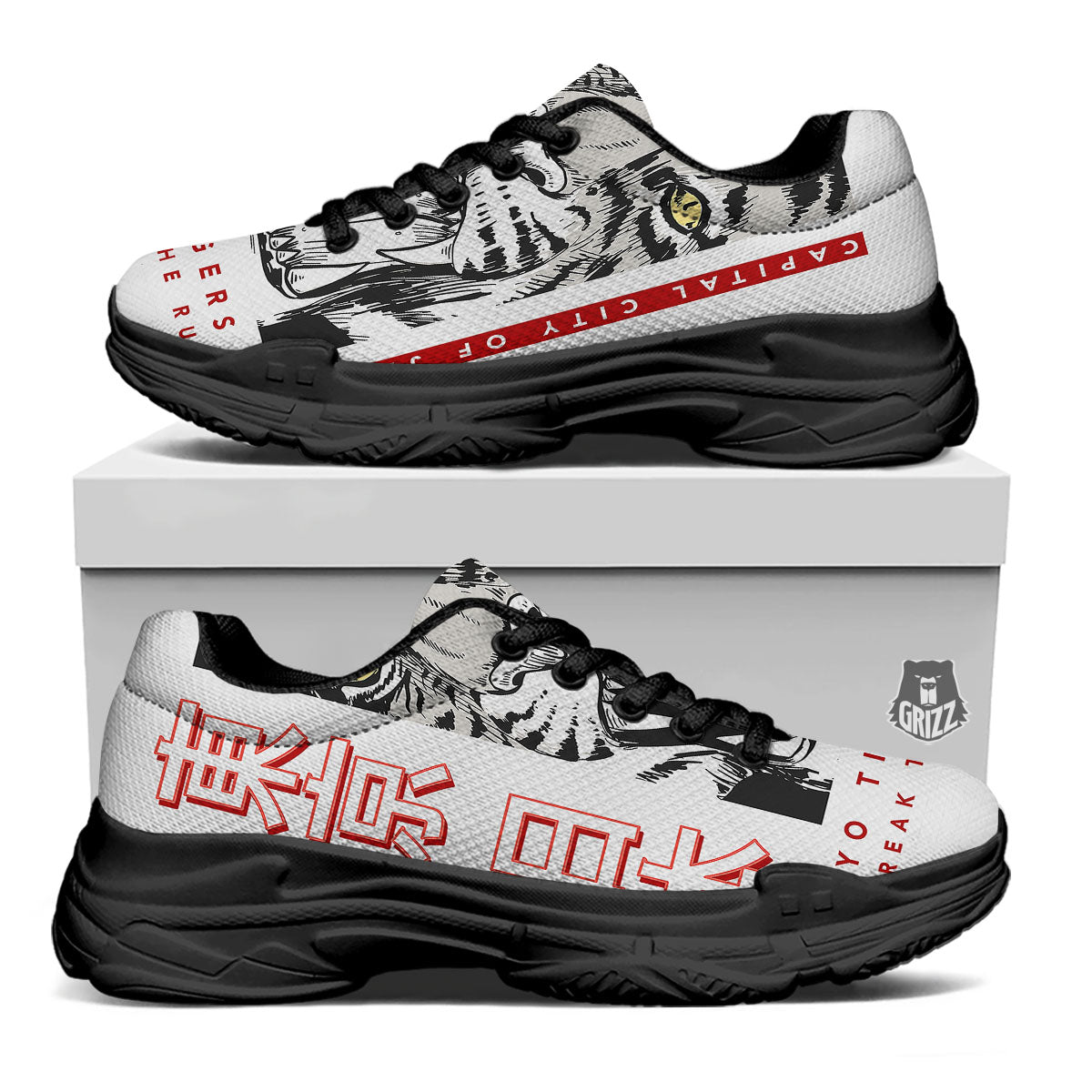 Tiger Japanese Style Print Black Chunky Shoes-grizzshop